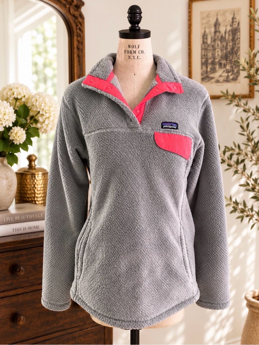 Patagonia Girls Re-Tool Snap-T Fleece Pullover Gray Pink Girls XXL 16-18